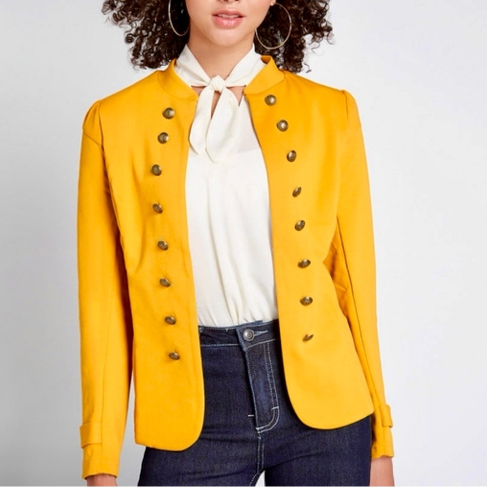 NWT ModCloth Glam Believer mustard yellow open front military jacket.Size S